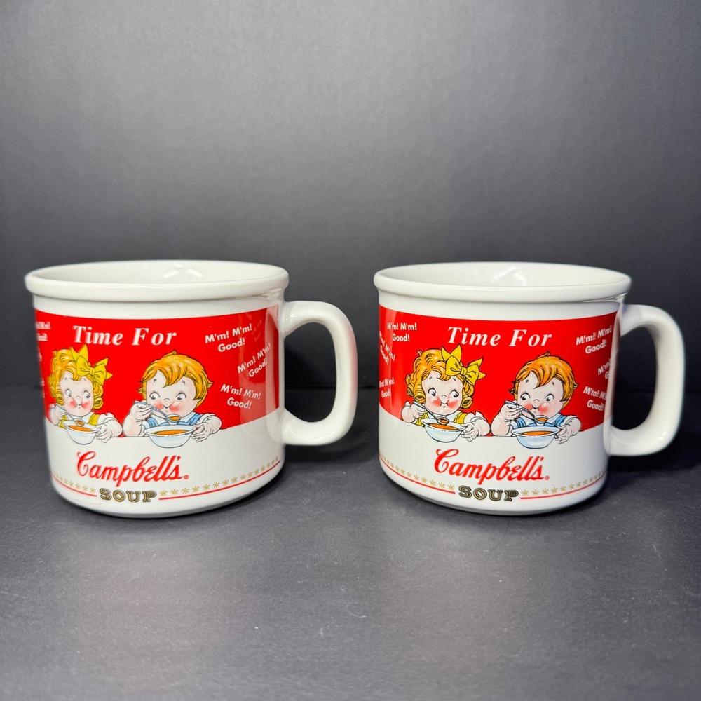 Vintage 1998 Campbells Soup Mugs Houston Harvest Campbell Kids Set of 2 White